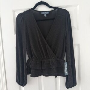NWT ModCloth Black Sparkle Long Sleeve Wrap Blouse Top XS Party V Neck Stretchy‎
